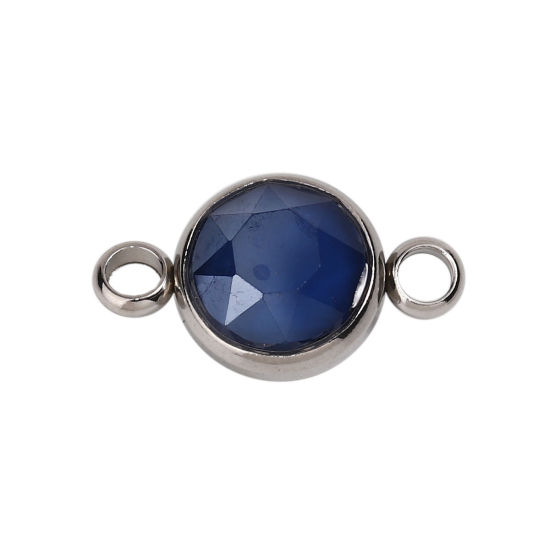 Picture of 304 Stainless Steel & Glass Connectors Round Silver Tone Deep Blue Faceted 17mm x 10mm, 1 Piece