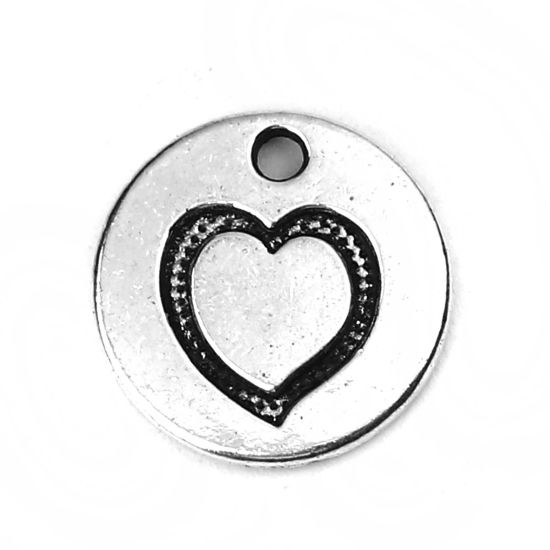 Imagen de Zamak Colgantes Charms Ronda Plata Antigua Corazón 15mm Dia, 50 Unidades