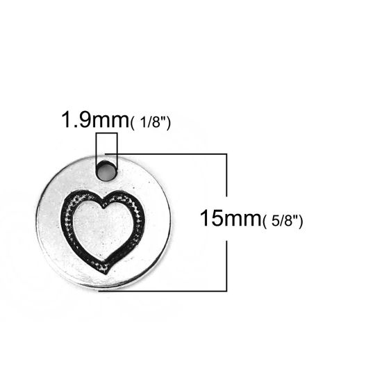 Imagen de Zamak Colgantes Charms Ronda Plata Antigua Corazón 15mm Dia, 50 Unidades