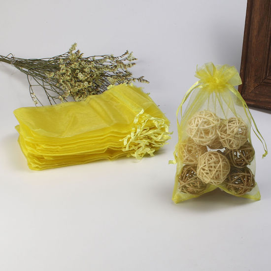 Picture of Wedding Gift Organza Jewelry Bags Drawstring Rectangle Yellow (Usable Space: 13x10cm) 15cm(5 7/8") x 10cm(3 7/8"), 20 PCs