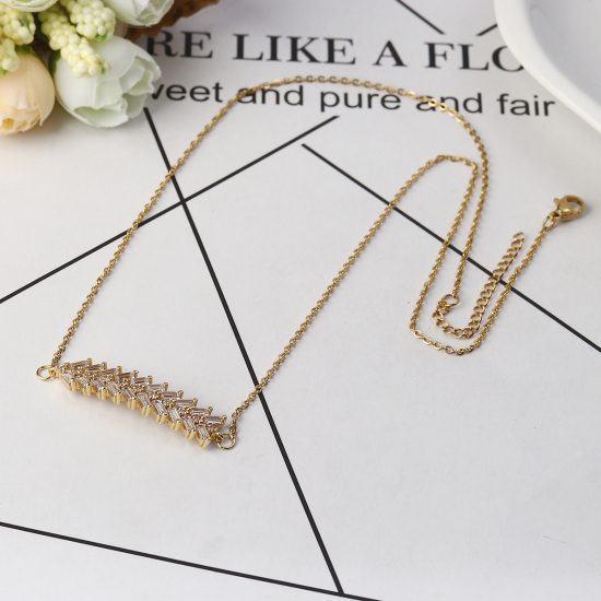 Image de Colliers en 304 Acier Inoxydable Doré Feuille Transparent Strass 46.5cm Long, 1 Pièce