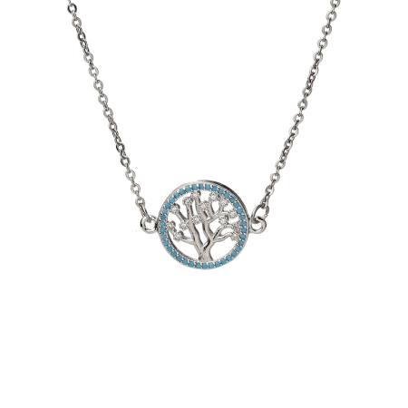 304 Stainless Steel Necklace Silver Tone Round Tree Blue Rhinestone 46.5cm(18 2/8") long, 1 Piece