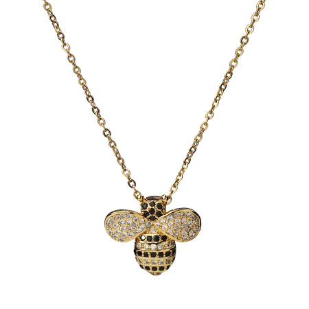 Picture of 304 Stainless Steel Necklace Gold Plated Bee Animal Black Rhinestone 45.5cm(17 7/8") long, 1 Piece