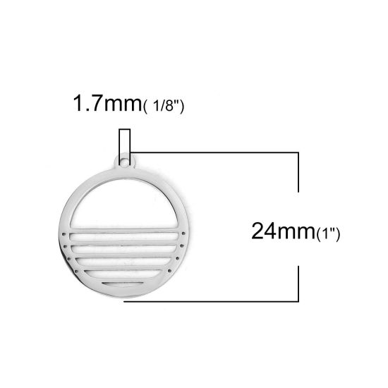 304ステンレス鋼 チャーム 円形 シルバートーン 縞模様 24mm x 22mm、 2 個 の画像