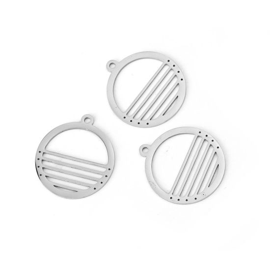 304ステンレス鋼 チャーム 円形 シルバートーン 縞模様 24mm x 22mm、 2 個 の画像