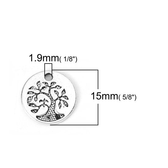 Imagen de Zamak Colgantes Charms Ronda Plata Antigua Árbol 15mm Dia, 50 Unidades