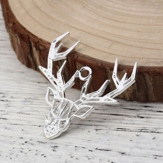 Picture of Zinc Based Alloy Origami Pendants Deer Animal Silver Plated 41mm(1 5/8") x 37mm(1 4/8"), 5 PCs