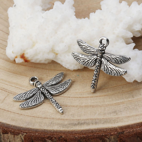 Picture of Zinc Based Alloy Charms Dragonfly Animal Antique Silver Color 18mm( 6/8") x 18mm( 6/8"), 50 PCs