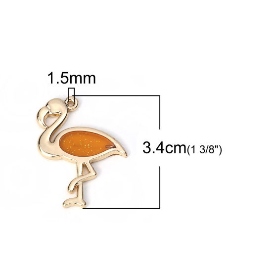 Image de Pendentifs en Alliage de Zinc Flamants Email Paillettes Doré Orange 34mm x 27mm, 5 Pcs