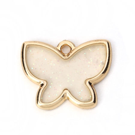 Image de Breloques en Alliage de Zinc Papillon Email Paillettes Doré Blanc 17mm x 14mm, 5 Pcs