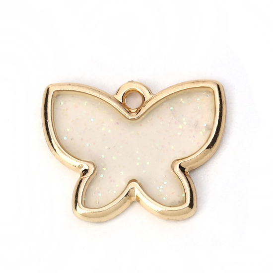 Picture of Zinc Based Alloy Charms Butterfly Animal Gold Plated White Enamel Glitter 17mm( 5/8") x 14mm( 4/8"), 5 PCs