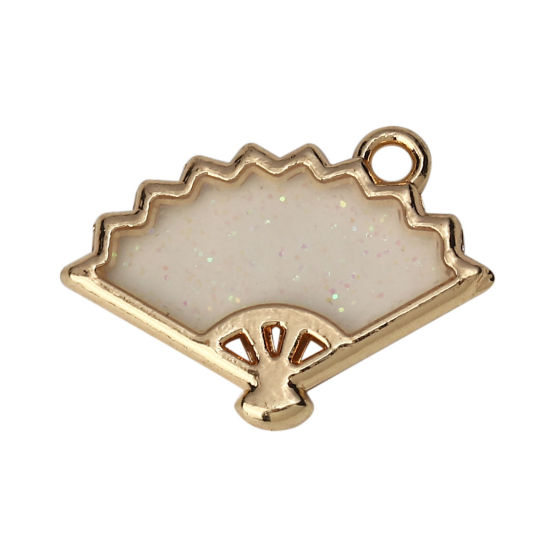 Picture of Zinc Based Alloy Charms Fan-shaped Gold Plated White Enamel Glitter 20mm( 6/8") x 14mm( 4/8"), 5 PCs