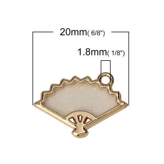 Picture of Zinc Based Alloy Charms Fan-shaped Gold Plated White Enamel Glitter 20mm( 6/8") x 14mm( 4/8"), 5 PCs