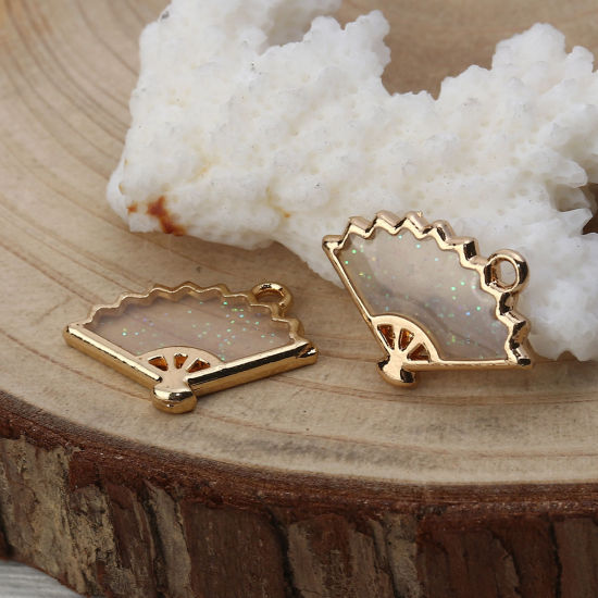 Picture of Zinc Based Alloy Charms Fan-shaped Gold Plated White Enamel Glitter 20mm( 6/8") x 14mm( 4/8"), 5 PCs