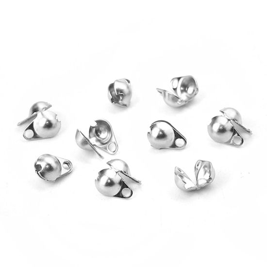 Picture of 304 Stainless Steel Bead Tips (Knot Cover) Silver Tone With Loop (Fits Ball Chain Size: 2mm) 5.5mm x 4mm, 50 PCs