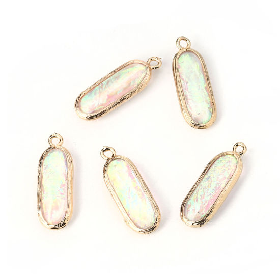 Picture of Copper & Resin AB Rainbow Color Aurora Borealis Charms Oval Light Golden White 26mm(1") x 9mm( 3/8"), 5 PCs