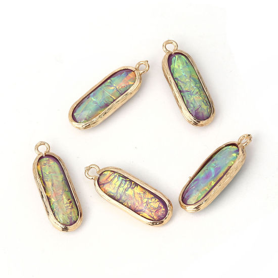 Picture of Copper & Resin AB Rainbow Color Aurora Borealis Charms Oval Light Golden Purple 26mm(1") x 9mm( 3/8"), 5 PCs