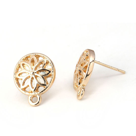 亜鉛合金 イヤリング イヤリングパーツ 円形 KC金メッキ 花柄 ループ付き 16mm x 13mm、 ワイヤーサイズ: （21号）、 20 個 の画像