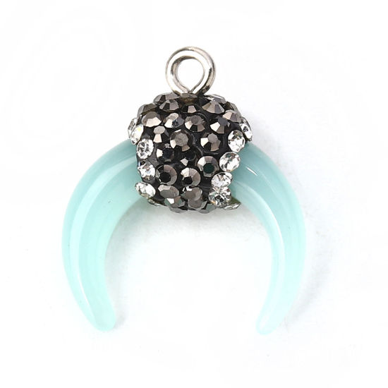 Picture of Acrylic Boho Chic Charms Horn-shaped Blue Micro Pave Gray & Clear Rhinestone 24mm x 19mm - 21mm x 18mm, 2 PCs