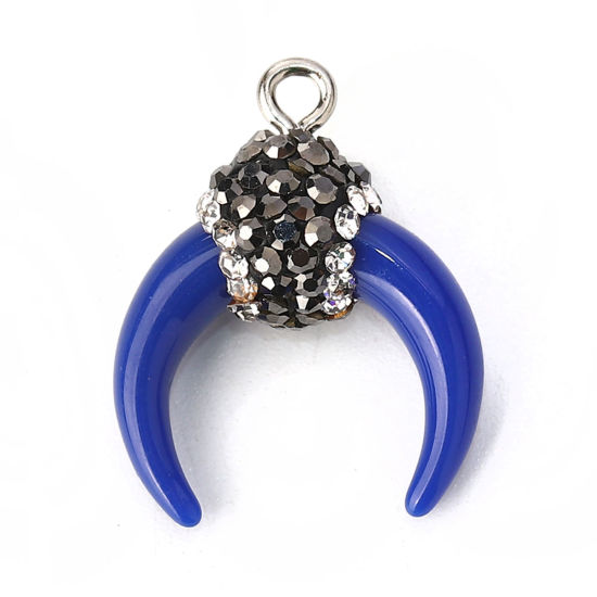 Picture of Acrylic Charms Horn-shaped Royal Blue Micro Pave Gray & Clear Rhinestone 24mm x 19mm - 21mm x 18mm, 2 PCs