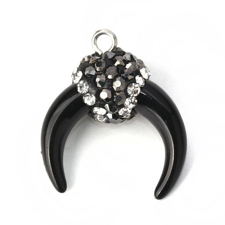 Picture of Acrylic Boho Chic Charms Horn-shaped Black Micro Pave Gray & Clear Rhinestone 24mm x 19mm - 21mm x 18mm, 2 PCs