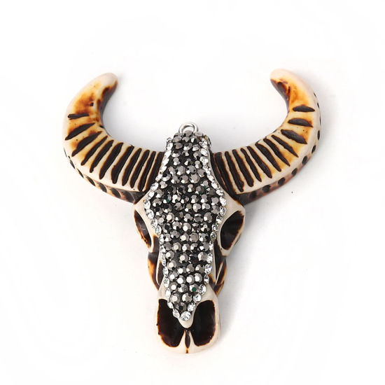Picture of Resin Boho Chic Pendants Cow Brown Micro Pave Gray & Clear Rhinestone 56mm(2 2/8") x 49mm(1 7/8"), 1 Piece