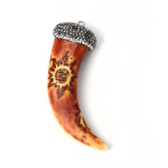 Picture of Resin Boho Chic Pendants Horn-shaped Sun Brown Micro Pave Gray Rhinestone 72mm(2 7/8") x 24mm(1"), 1 Piece