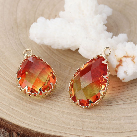 Imagen de Vidrio Colgantes Charms Gota Rojo & Amarillo Facetas 23mm x 14mm, 2 Unidades