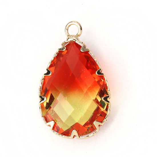 Imagen de Vidrio Colgantes Charms Gota Rojo & Amarillo Facetas 23mm x 14mm, 2 Unidades