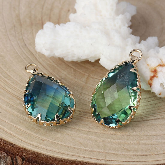Imagen de Vidrio Colgantes Charms Gota Azul & Verde Facetas 23mm x 14mm, 2 Unidades