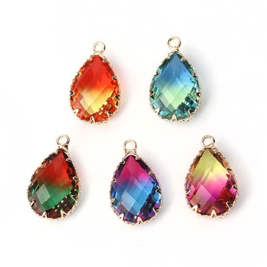 Imagen de Vidrio Colgantes Charms Gota Azul & Verde Facetas 23mm x 14mm, 2 Unidades