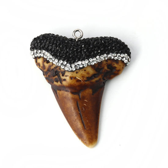 Picture of Resin Micro Pave Pendants Shark Teeth Tooth Brown Black & Clear Rhinestone 5.7cm x4.6cm(2 2/8" x1 6/8") - 5.5cm x5cm(2 1/8" x2"), 1 Piece