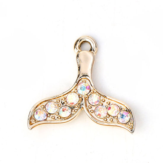 Picture of Zinc Based Alloy Charms Whale Tail Gold Plated AB Color Rhinestone 20mm( 6/8") x 19mm( 6/8"), 10 PCs