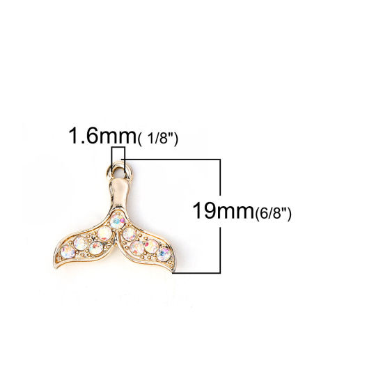 Picture of Zinc Based Alloy Charms Whale Tail Gold Plated AB Color Rhinestone 20mm( 6/8") x 19mm( 6/8"), 10 PCs