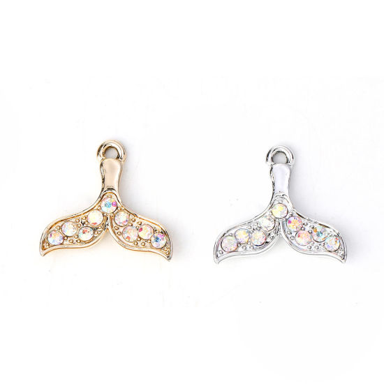 Picture of Zinc Based Alloy Charms Whale Tail Gold Plated AB Color Rhinestone 20mm( 6/8") x 19mm( 6/8"), 10 PCs