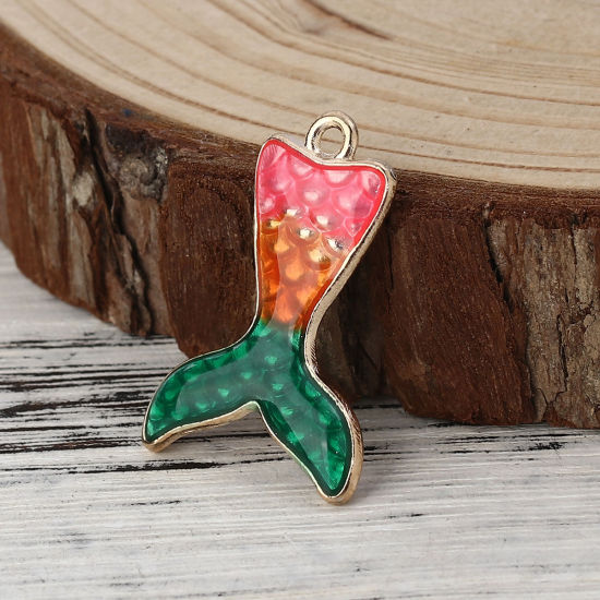 Immagine di Lega di Zinco Mermaid Pesce/Drago Scala Charms Oro Placcato Arancione Smalto 27mm x 19mm , 10 Pz