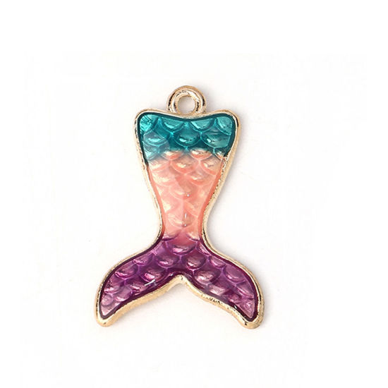 Immagine di Lega di Zinco Mermaid Pesce/Drago Scala Charms Oro Placcato Arancione Smalto 27mm x 19mm , 10 Pz