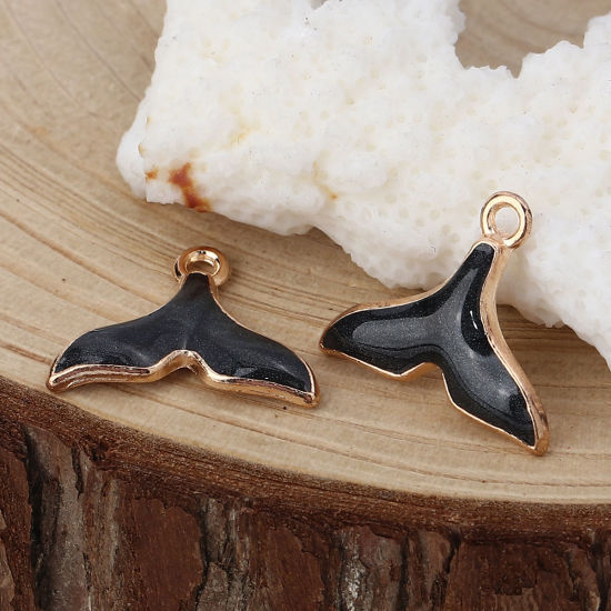 Bild von Zinklegierung Charms Walflosse Vergoldet Schwarz Emaille 18mm x 15mm, 20 Stück