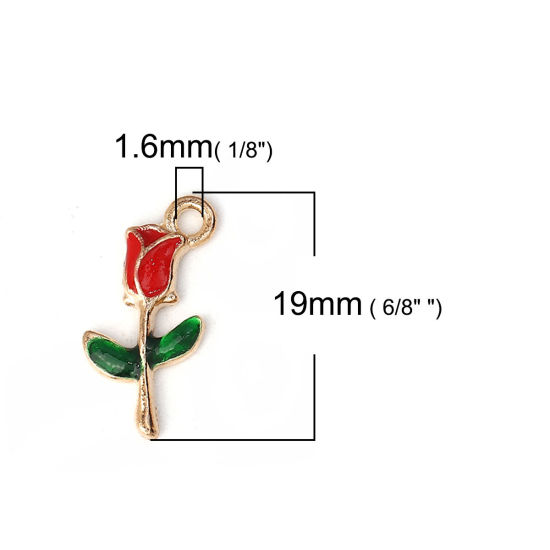 Imagen de Zamak Colgantes Charms Rosa Chapado en Oro Rojo & Verde Esmalte 19mm x 10mm, 30 Unidades