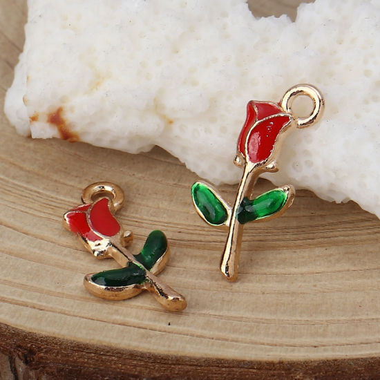 Imagen de Zamak Colgantes Charms Rosa Chapado en Oro Rojo & Verde Esmalte 19mm x 10mm, 30 Unidades