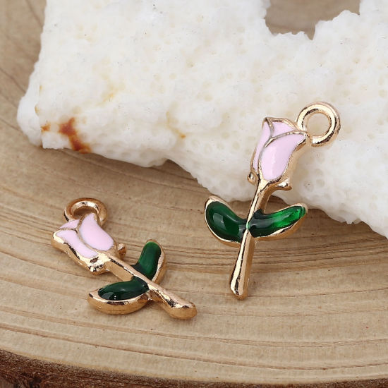 Imagen de Zamak Colgantes Charms Rosa Chapado en Oro Rosado Esmalte 19mm x 10mm, 30 Unidades