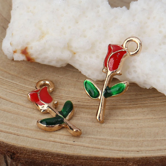 Imagen de Zamak Colgantes Charms Rosa Chapado en Oro Rosado Esmalte 19mm x 10mm, 30 Unidades