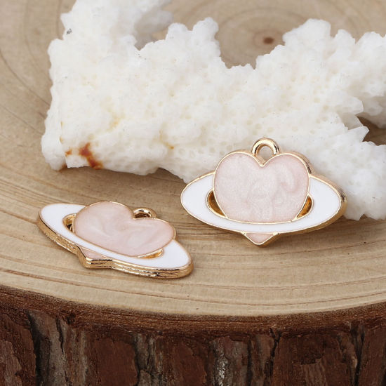 Immagine di Lega di Zinco Galassia Charms Pianeta Oro Placcato Rosa Cuore Smalto 21mm x 13mm , 20 Pz