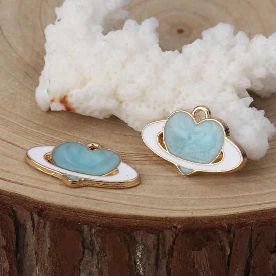 Immagine di Lega di Zinco Galassia Charms Pianeta Oro Placcato Blu Cuore Smalto 21mm x 13mm , 20 Pz