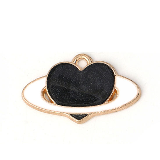 Immagine di Lega di Zinco Galassia Charms Pianeta Oro Placcato Nero Cuore Smalto 21mm x 13mm , 20 Pz