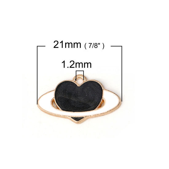 Immagine di Lega di Zinco Galassia Charms Pianeta Oro Placcato Nero Cuore Smalto 21mm x 13mm , 20 Pz