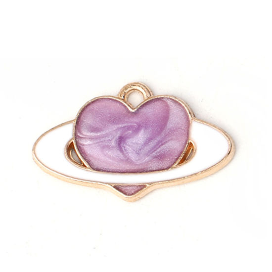 Immagine di Lega di Zinco Galassia Charms Pianeta Oro Placcato Colore Viola Cuore Smalto 21mm x 13mm , 20 Pz