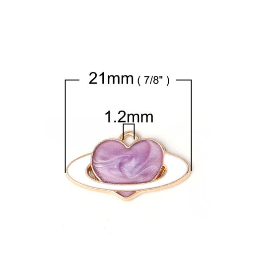 Immagine di Lega di Zinco Galassia Charms Pianeta Oro Placcato Colore Viola Cuore Smalto 21mm x 13mm , 20 Pz