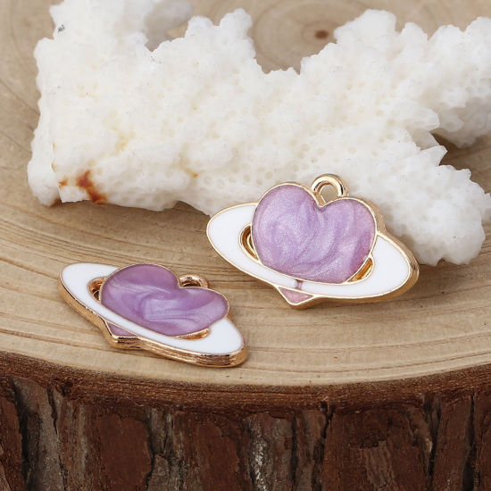 Immagine di Lega di Zinco Galassia Charms Pianeta Oro Placcato Colore Viola Cuore Smalto 21mm x 13mm , 20 Pz