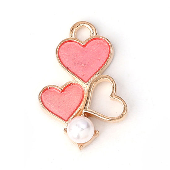 Image de Breloques en Alliage de Zinc Cœur Imitation Perles Émail Doré Rose 19mm x 13mm, 20 Pcs